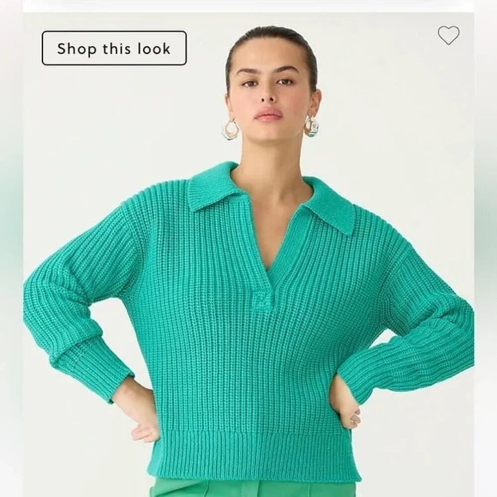 NWT J. Crew 2023 XS-S Ribbed Cotton Johnny Collar Sweater Polo Green BS966